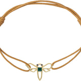Cognac cord bracelet with a waterlily shaped gold pendant wIth blue sapphires
