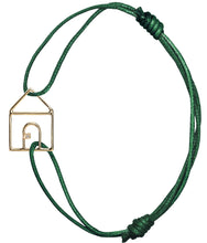 Load image into Gallery viewer, Bottle green cord bracelet with gold house shaped pendant with small diamond
