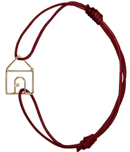 Load image into Gallery viewer, Burgundy cord bracelet with gold house shaped pendant with small diamond
