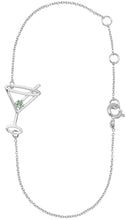 Load image into Gallery viewer, WHite gold chain bracelet with small martini drink shaped pendant with an emerald as the olive
