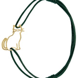 Bottle green cord bracelet with a seated cat shaped gold pendant with a small diamond nose