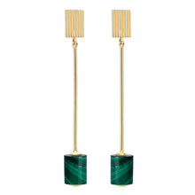 Load image into Gallery viewer, Gold long earrings with cylinder cut malachite stone
