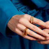 Woman wearing two gold rings with citrine stone