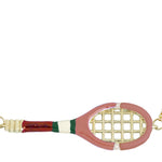 Gold chain necklace with gold tennis racquet and ball shaped pendants in pink and yellow enamel