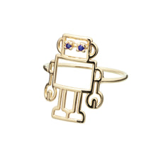 Load image into Gallery viewer, Gold robot shaped ring with blue sapphires as eyes
