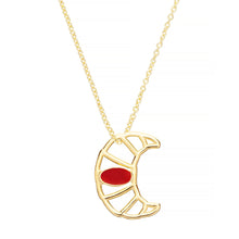 Load image into Gallery viewer, Gold chain necklace with croissant shaped pendant hand-painted in raspberry enamel
