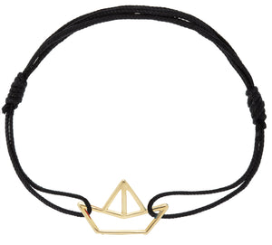 Black eco cord bracelet with a little boat shaped gold pendant