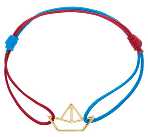 Blue and red eco cord bracelet with a little boat shaped gold pendant