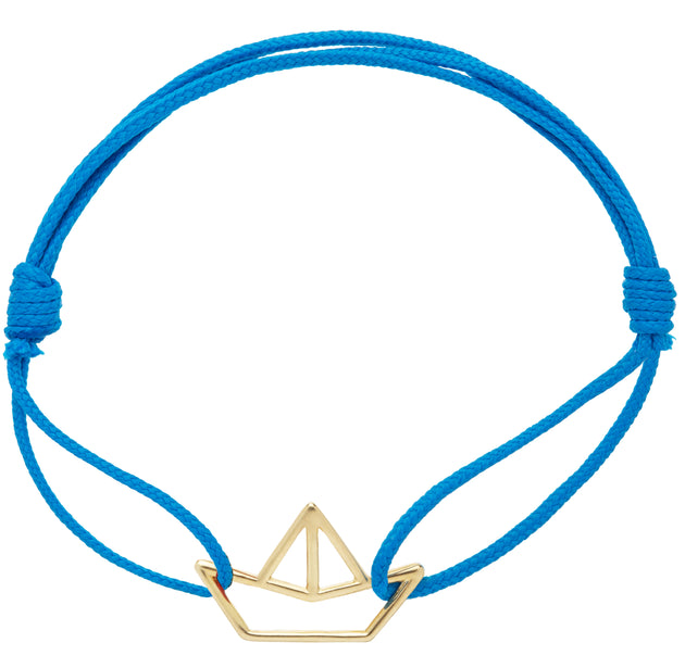 Bright blue eco cord bracelet with a little boat shaped gold pendant