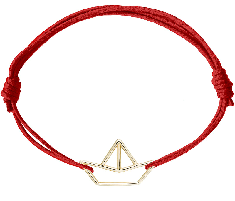 Lipstick red cord bracelet with gold paper boat shaped pendant