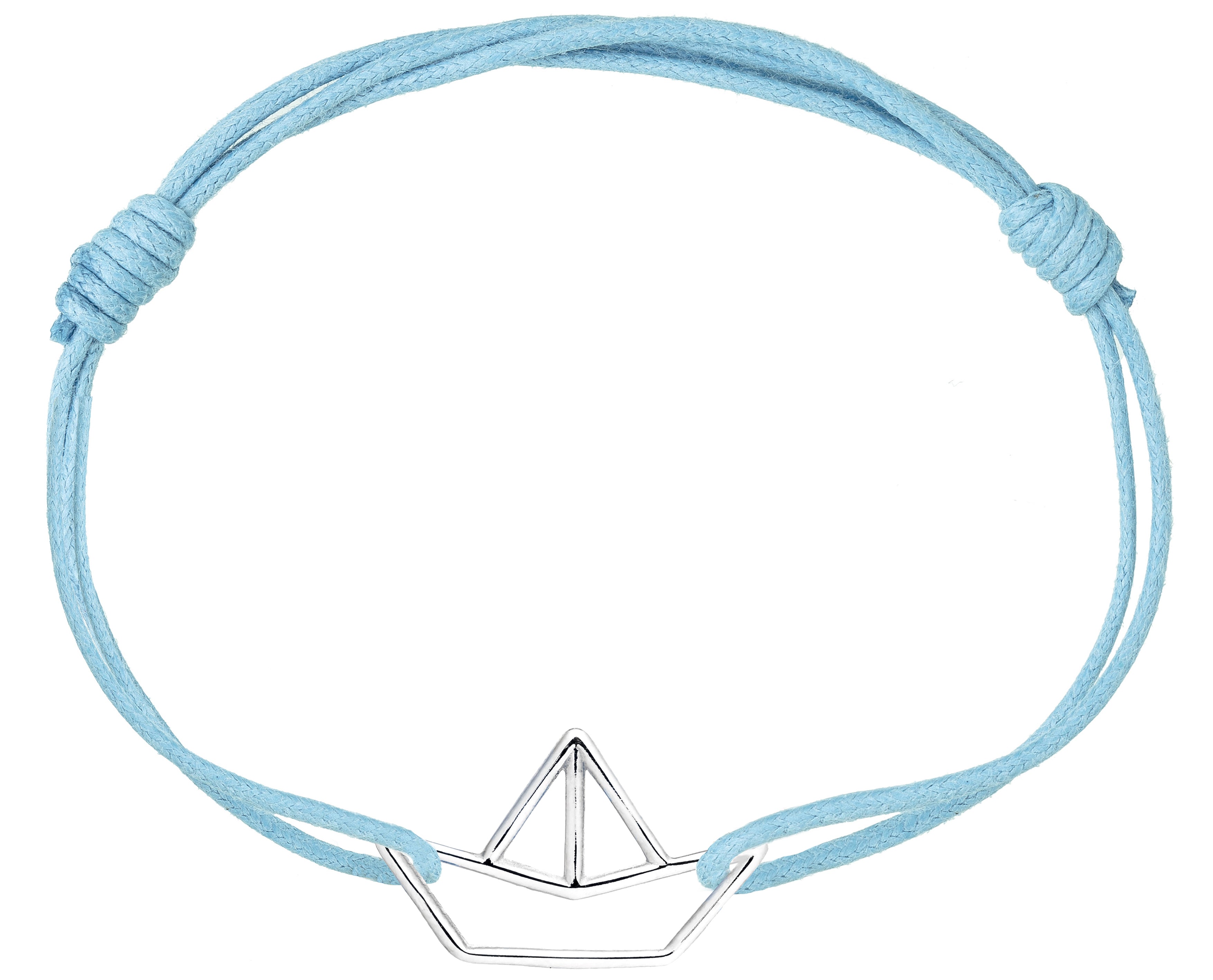 Sky blue cord bracelet with white gold little boat shaped pendant