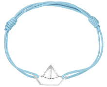 Load image into Gallery viewer, Sky blue cord bracelet with white gold little boat shaped pendant
