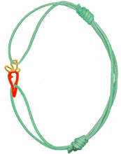 Load image into Gallery viewer, Mint green cord bracelet with carrot shaped pendant hand-painted in orange enamel

