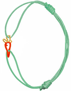 Mint green cord bracelet with carrot shaped pendant hand-painted in orange enamel