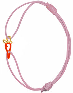 Pink cord bracelet with carrot shaped pendant hand-painted in orange enamel