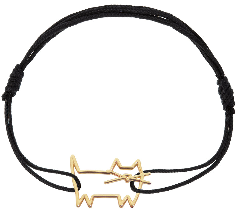 Black eco cord bracelet with a little cat shaped gold pendant