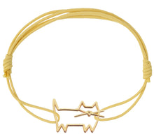 Load image into Gallery viewer, Light yellow and red eco cord bracelet with a little cat shaped gold pendant
