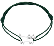 Load image into Gallery viewer, Green cord bracelet with a cat shaped white gold pendant
