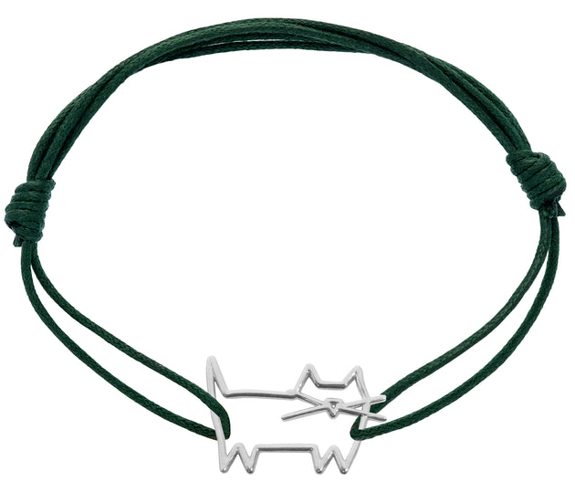 Green cord bracelet with a cat shaped white gold pendant