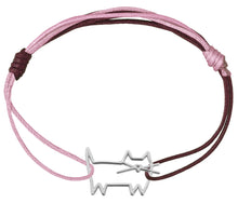 Load image into Gallery viewer, Pink and burgundy cord bracelet with a cat shaped white gold pendant
