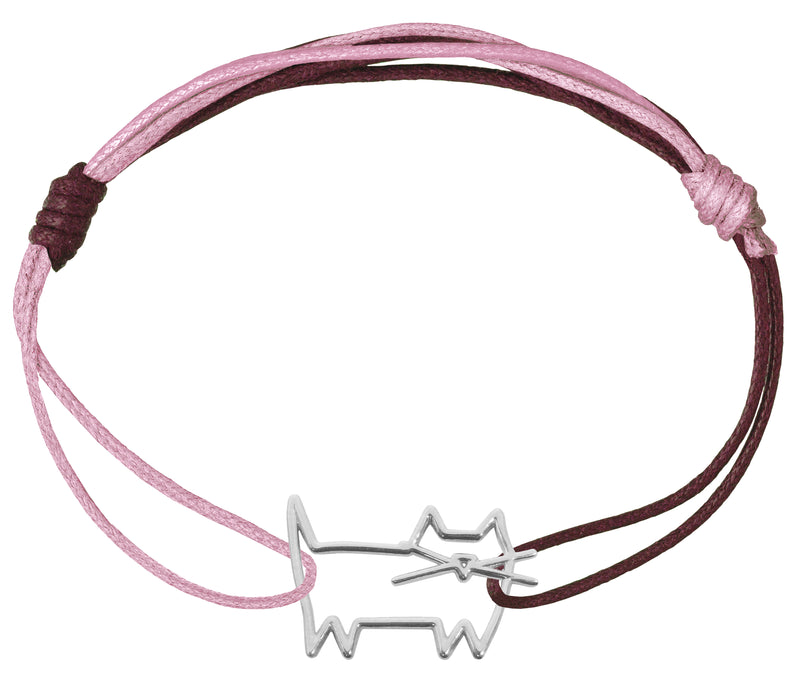 Pink and burgundy cord bracelet with a cat shaped white gold pendant