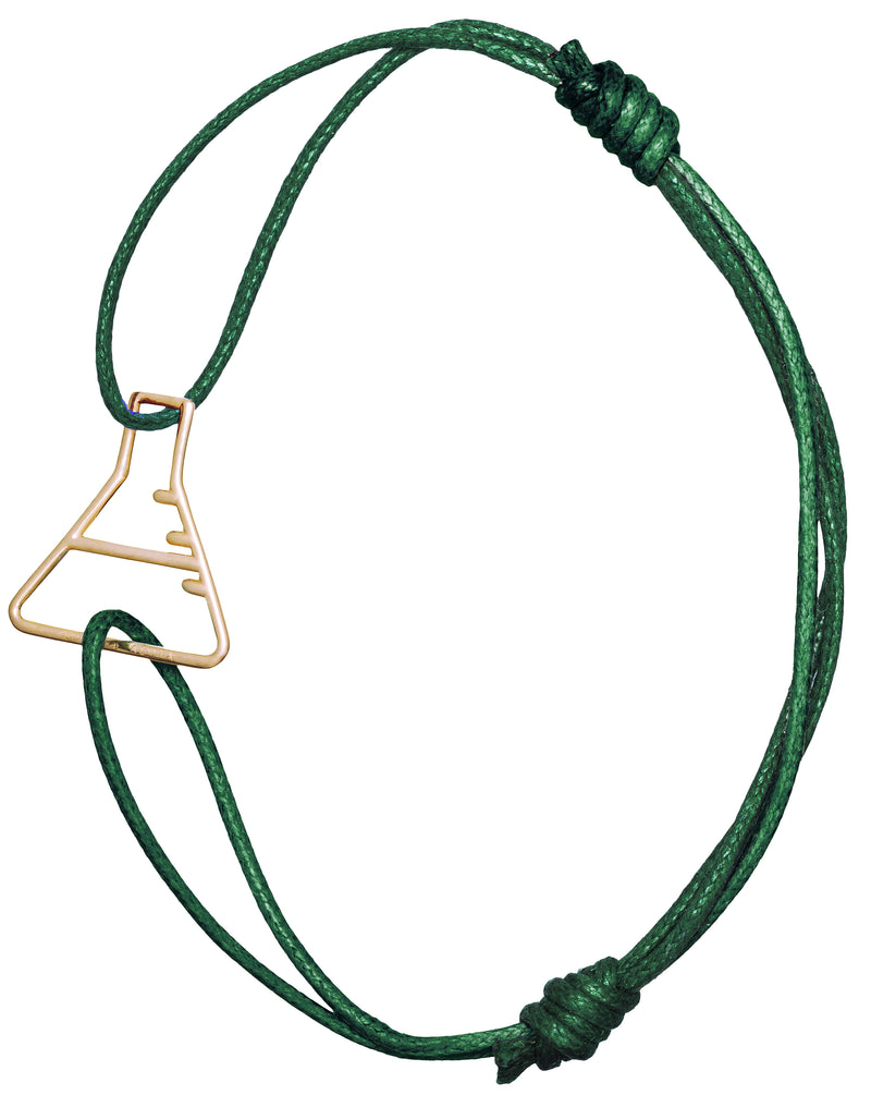 Bottle green cord bracelet with gold chemistry baker shaped pendant