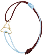Load image into Gallery viewer, Sky blue and burgundy cord bracelet with gold chemistry baker shaped pendant
