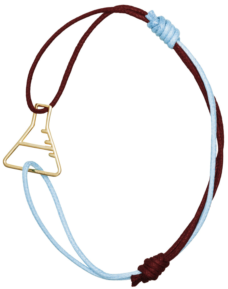 Sky blue and burgundy cord bracelet with gold chemistry baker shaped pendant