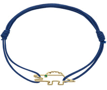 Load image into Gallery viewer, Blue eco cord bracelet with a gold shaped crocodile with a small emerald eye
