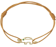 Load image into Gallery viewer, Cognac brown cord bracelet with a gold shaped crocodile with a small emerald eye
