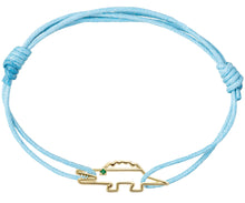 Load image into Gallery viewer, Sky blue cord bracelet with a gold shaped crocodile with a small emerald eye
