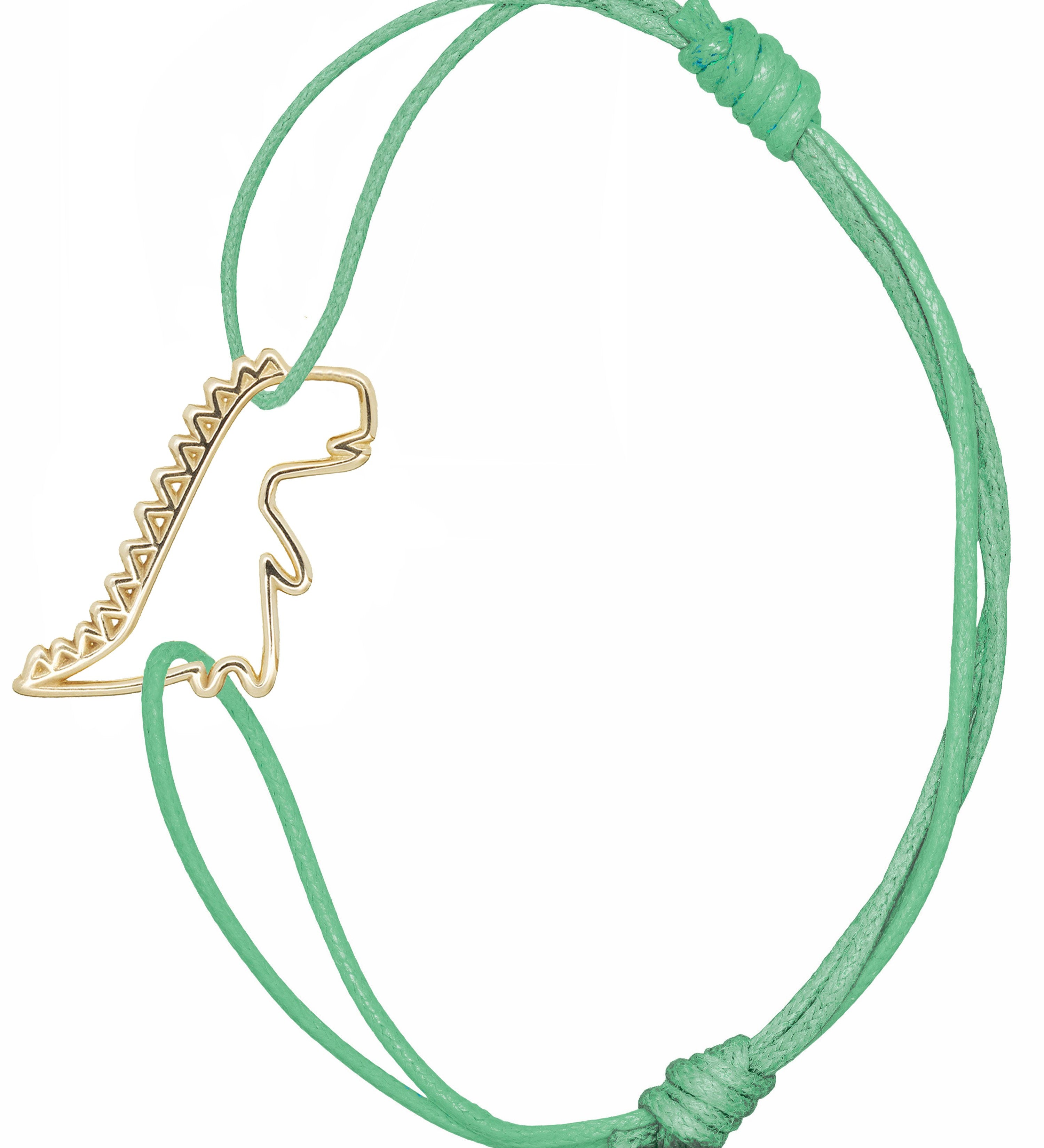 Mint green cord bracelet with gold dinosaur shaped pendant
