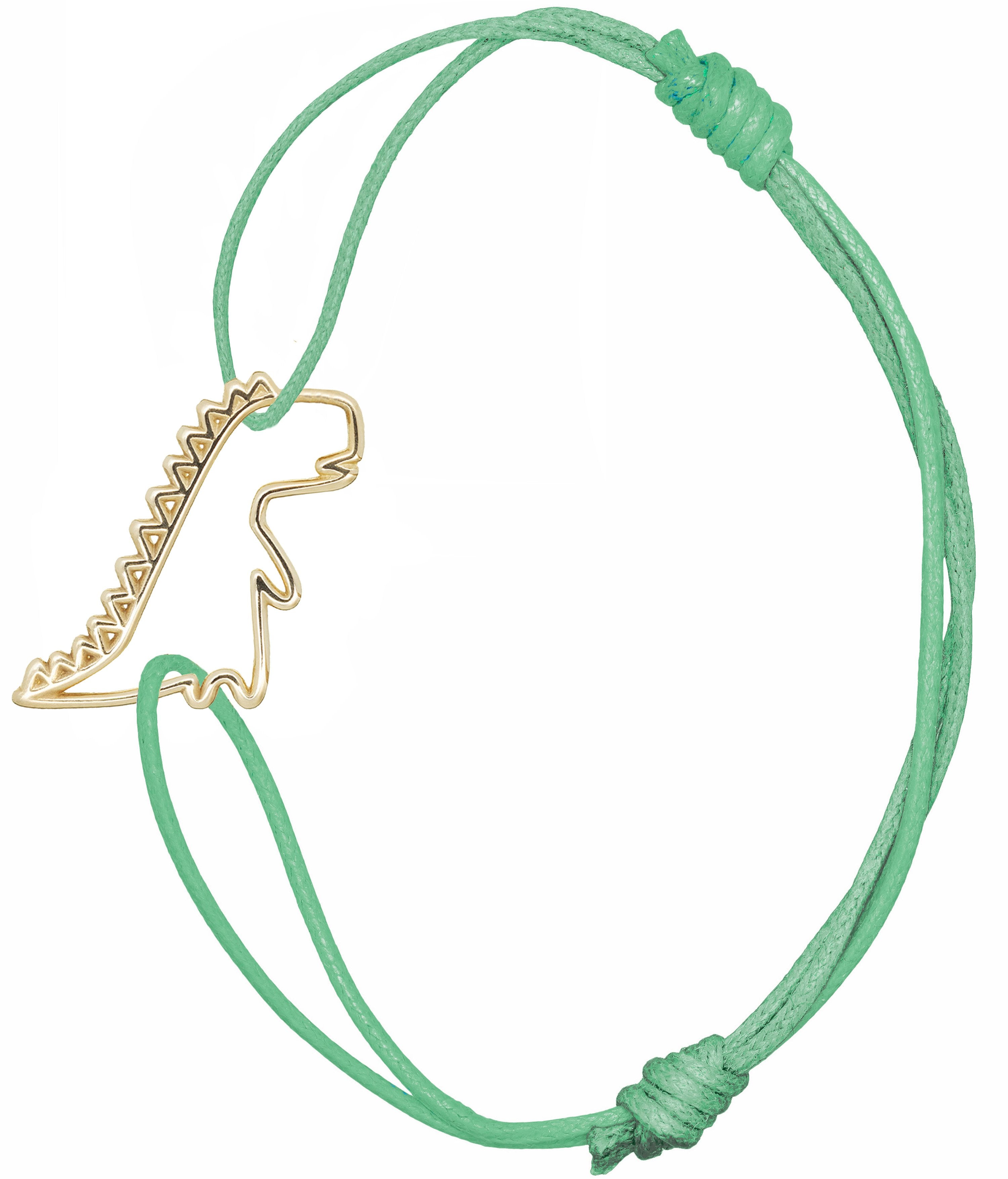 Mint green cord bracelet with gold dinosaur shaped pendant