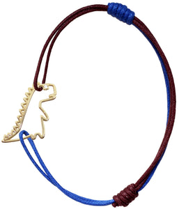 Burgundy and blue cord bracelet with gold dinosaur shaped pendant and small diamond