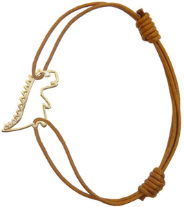 Brown cord bracelet with gold dinosaur shaped pendant and small diamond