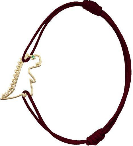 Burgundy cord bracelet with dinosaur shaped pendant and small emerald