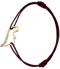 Load image into Gallery viewer, Burgundy cord bracelet with dinosaur shaped pendant and small emerald

