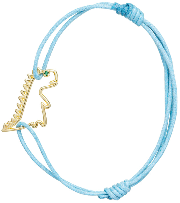 Sky blue cord bracelet with dinosaur shaped pendant and small emerald 