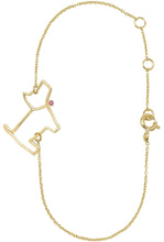 Load image into Gallery viewer, Gold chain bracelet with a little dog shaped pendant with a pink sapphire

