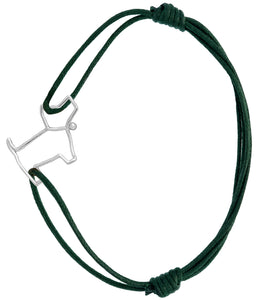Green cord bracelet with a small dog shaped pendant in white gold