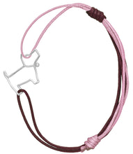 Load image into Gallery viewer, Pink and burgundy cord bracelet with a small dog shaped pendant in white gold
