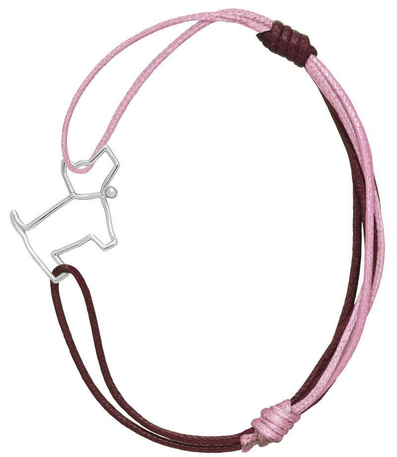Pink and burgundy cord bracelet with a small dog shaped pendant in white gold