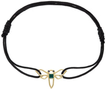 Load image into Gallery viewer, Black cord bracelet with a waterlily shaped gold pendant wIth blue sapphires
