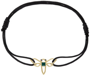 Black cord bracelet with a waterlily shaped gold pendant wIth blue sapphires