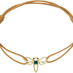 Cognac cord bracelet with a waterlily shaped gold pendant wIth blue sapphires