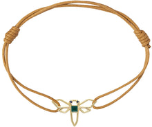 Load image into Gallery viewer, Cognac cord bracelet with a waterlily shaped gold pendant wIth blue sapphires
