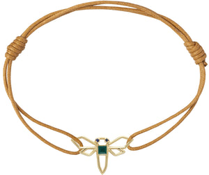 Cognac cord bracelet with a waterlily shaped gold pendant wIth blue sapphires
