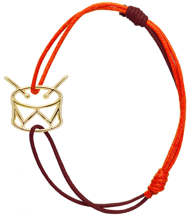 Burgundy and orange cord bracelet with gold drum shaped pendant
