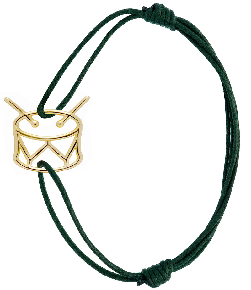 Green cord bracelet with gold drum shaped pendant
