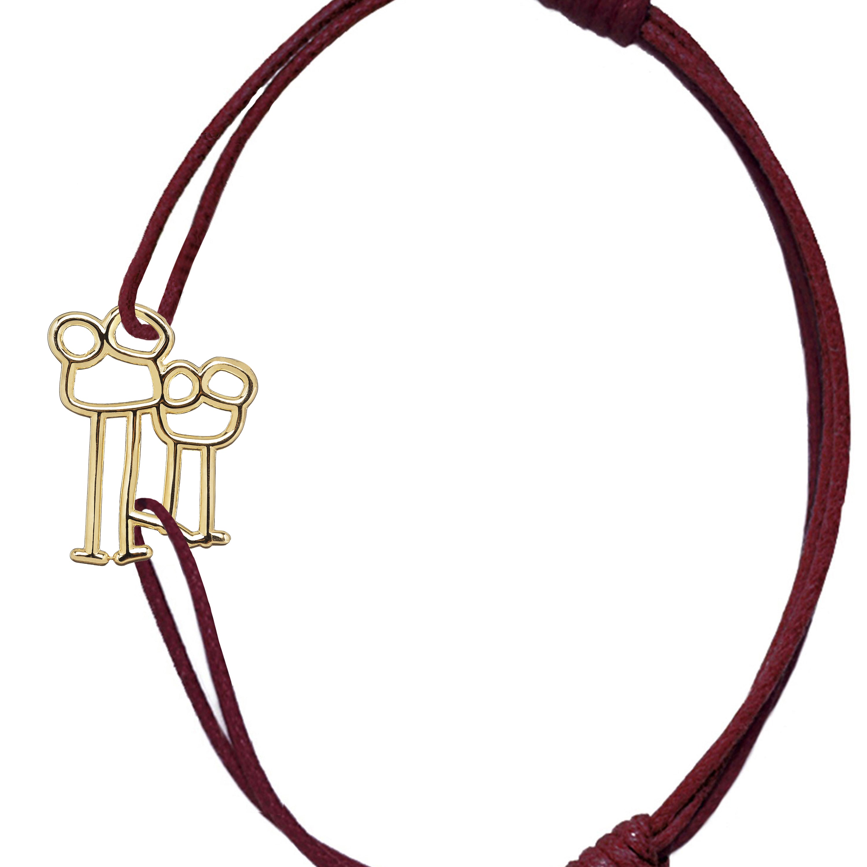 Burgundy cord bracelet with family shaped gold pendant